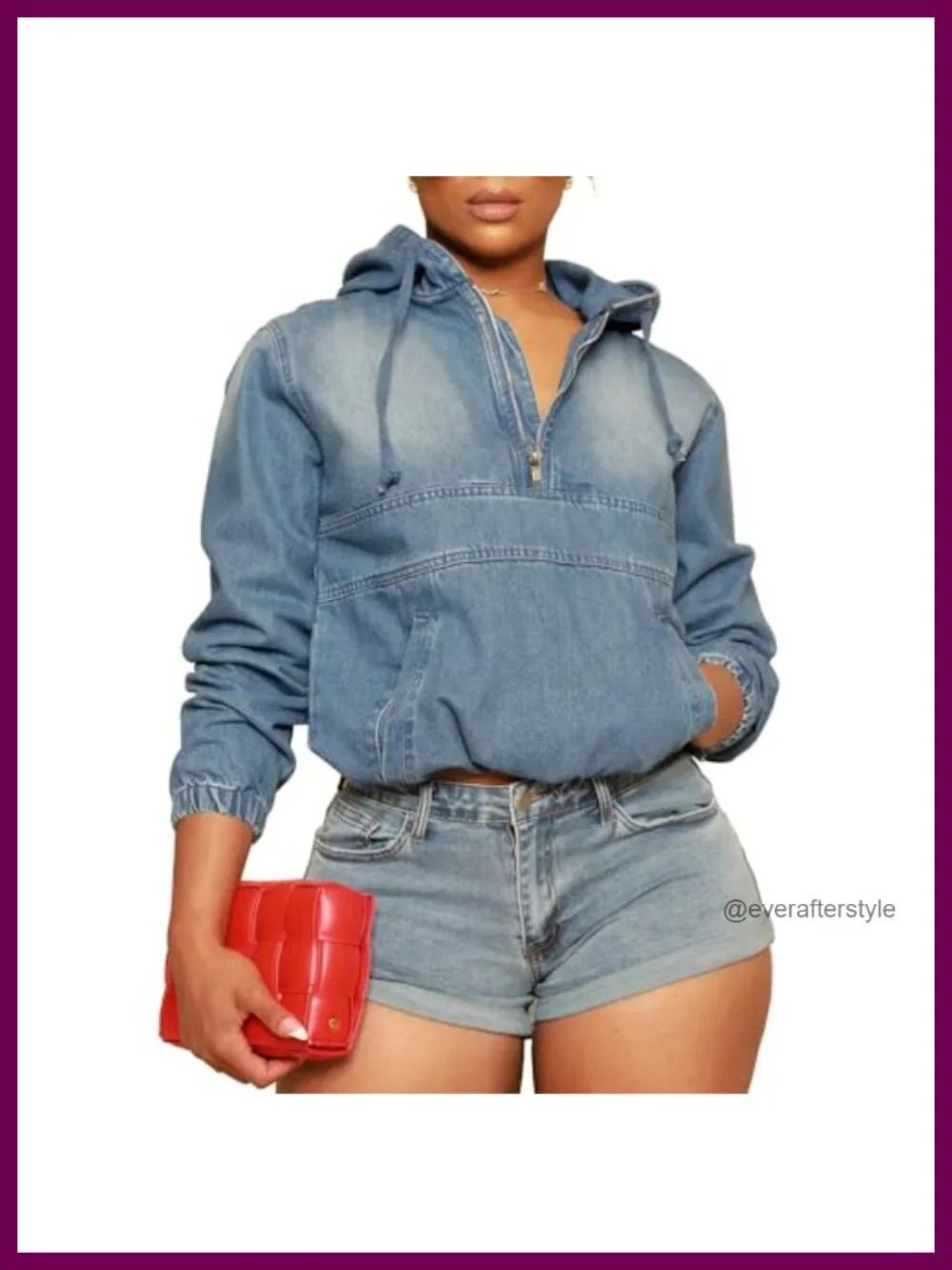 Women's Half Zip Denim Hoodie Pullover Jacket Cotton Blend Lightweight